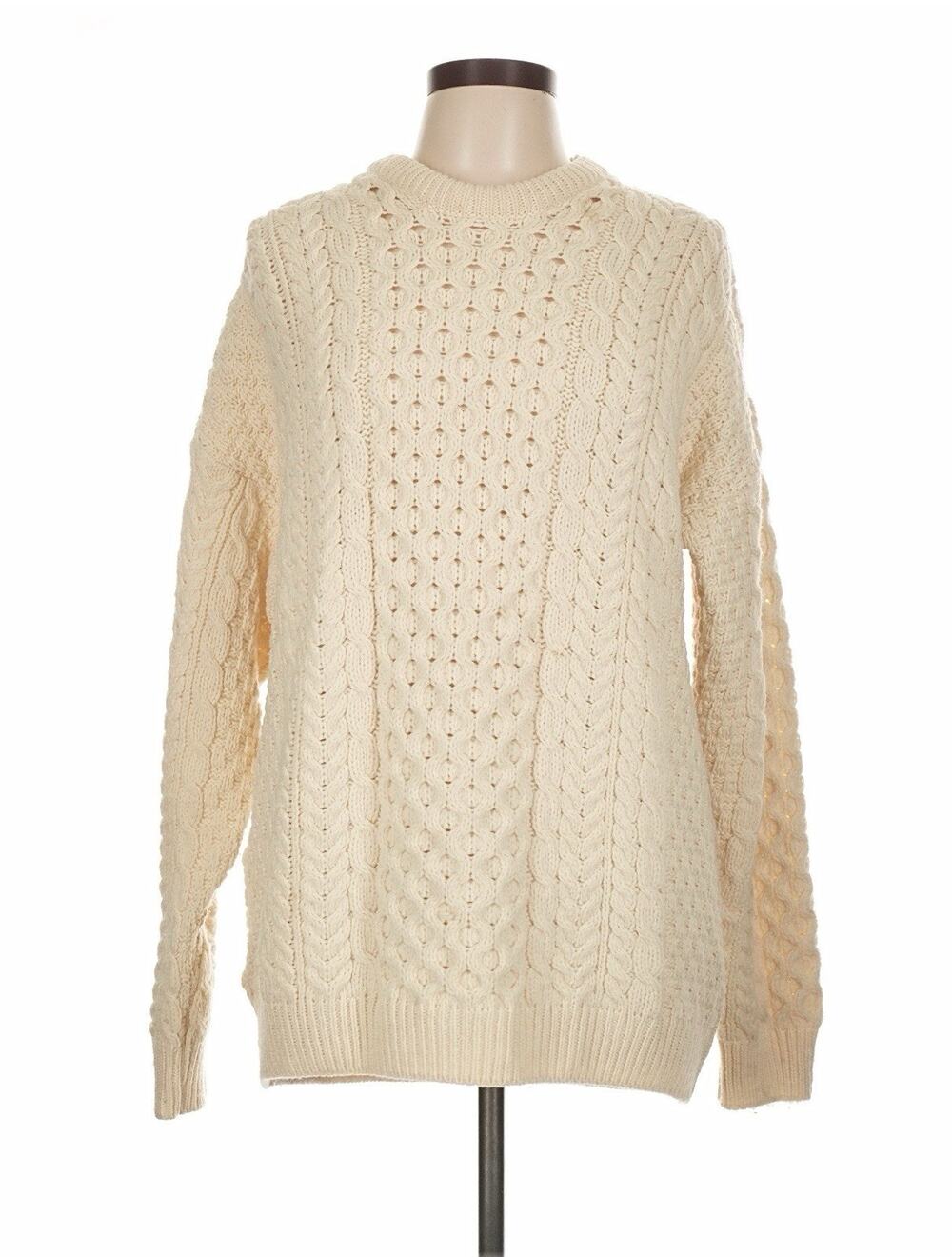 Shannon Woolen Mills Merino Wool Cream White Fisherman Cableknit Sweater Chunky